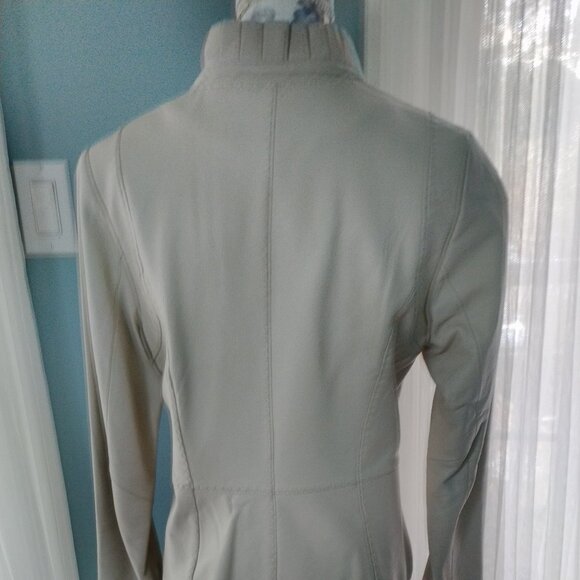 Cream Leather Jacket with Pleated Front Ruffle - Picture 3 of 15